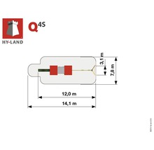 Hy-Land Logo. Abmessungen des Spielplatzes: Länge 14,1 Meter, Breite 7,8 Meter.