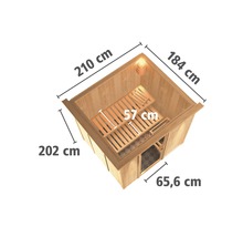 Sauna mit den Maßen 210 cm, 184 cm, 202 cm und 65,6 cm