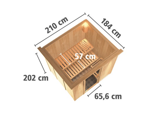 Sauna avec les dimensions 210 cm, 184 cm, 202 cm et 65,6 cm