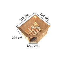 Draufsicht einer Ecksauna mit den Massen 210 cm, 184 cm, 202 cm und 65,6 cm.
