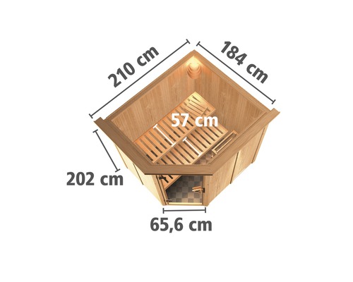 Draufsicht einer Ecksauna mit den Massen 210 cm, 184 cm, 202 cm und 65,6 cm.