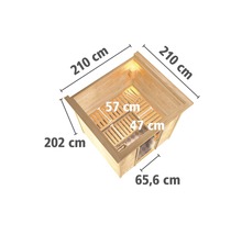 Draufsicht einer Sauna mit Maßangaben: 210 cm breit, 202 cm hoch, 65,6 cm tief