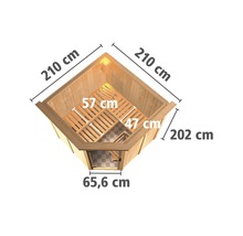 Abbildung der Maße einer Ecksauna mit einer Länge von 210 cm.
