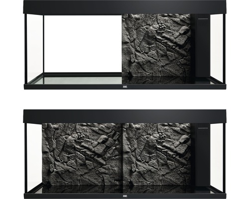 Zwei Aquarien mit Felswandhintergrund