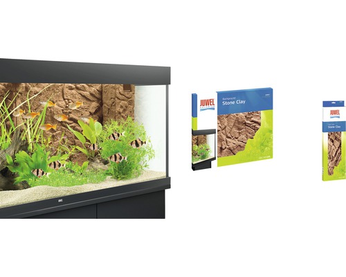 Aquarium mit Steinkulisse und Verpackungen von Juwel Aquarium Stone Clay Rückwänden