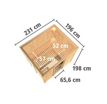 Draufsicht einer Holzsauna mit Massangaben