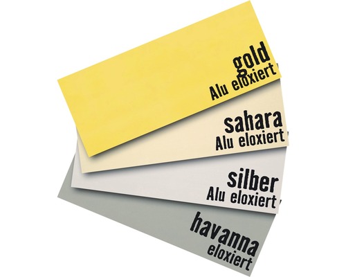 Farbmuster eloxiertes Aluminium in Gold, Sahara, Silber und Havanna