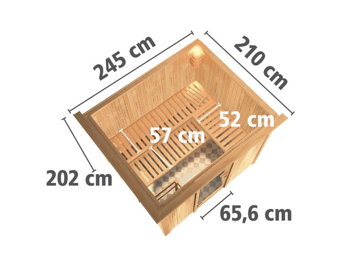 Illustration einer Sauna mit Maßangaben