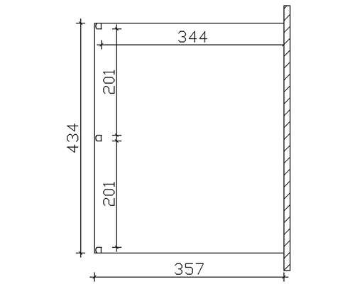 Dessin technique avec dimensions d''un objet : hauteur 434, largeur en bas 357, largeur en haut 344, hauteur latérale 201.