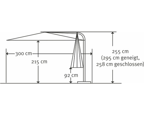 Maße eines Ampelschirms: 300 cm breit, 215 cm hoch zum Schirm, 255 cm hoch zum Mast, 92 cm hoch im geschlossenen Zustand.