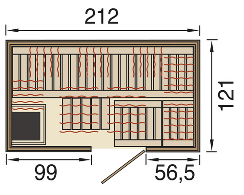 Plan d''une cabine de sauna avec indications de mesure.