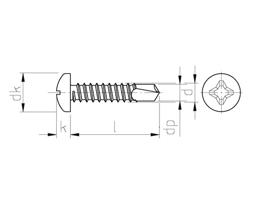 Dessin d''une vis à tête fraisée avec empreinte cruciforme et dimensions.