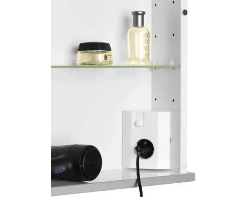 Armoire de toilette avec prise, étagère en verre et articles de salle de bains