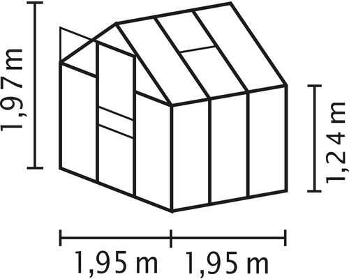 Abmessungen eines Gewächshauses: 1,97 Meter Höhe, 1,24 Meter Seitenhöhe und 1,95 Meter Breite.