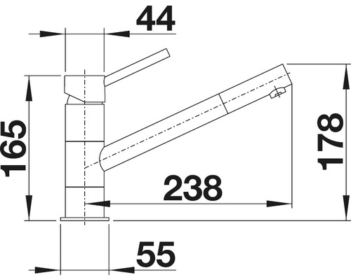 Technische Zeichnung einer Küchenarmatur mit Maßangaben