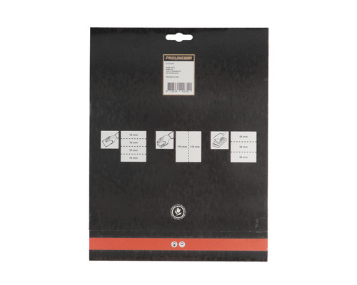 Proline Logo. Verpackungsrückseite für Schleifpapier mit Angaben zur Größe.