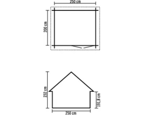 Technische Zeichnung einer Gartenlaube mit Maßangaben