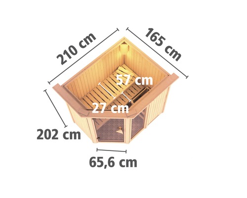 Dimensions d''un sauna d''angle avec bancs en bois