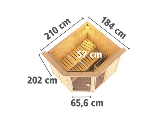 Draufsicht einer Ecksauna mit den Maßen 210 cm, 184 cm, 202 cm und 65,6 cm.