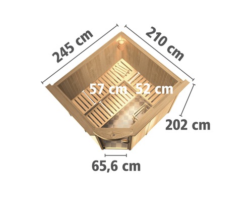 Vue de dessus d''un sauna avec les dimensions de la longueur, de la largeur et de la porte