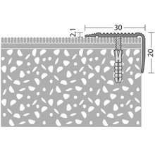 Illustration eines Treppenkantenprofils mit Schraube und Dübel sowie Maßangaben