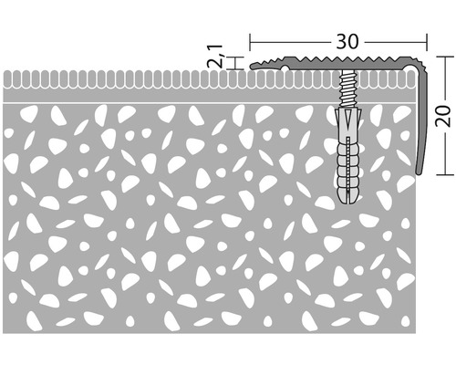 Illustration d''un profilé d''arête d''escalier avec vis et cheville ainsi que des indications de dimensions