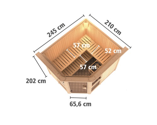 Draufsicht einer Sauna mit Maßangaben zu Länge und Breite
