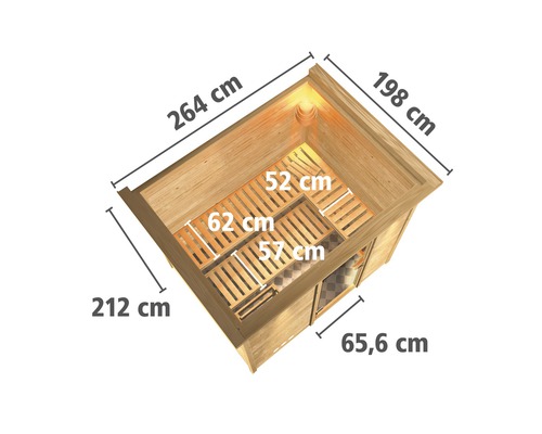 Vue de dessus d''un sauna avec indication des dimensions de la longueur, de la largeur et de la profondeur d''assise