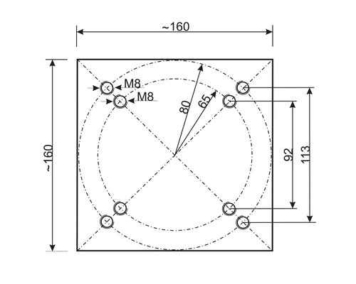Dessin technique avec cotes pour un objet carré avec des perçages M8