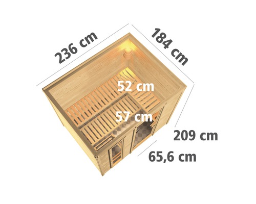 Illustration einer Sauna mit den Maßen 236 cm x 184 cm x 209 cm