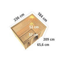 Massivholzsauna Karibu Monara inkl. 9 kW Bio Ofen u.ext.Steuerung ohne Dachkranz mit Ganzglastüre aus Klarglas