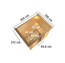 Massivholzsauna Karibu Coral inkl. 9 kW Bio Ofen u.ext.Steuerung mit Dachkranz und Ganzglastüre aus Klarglas
