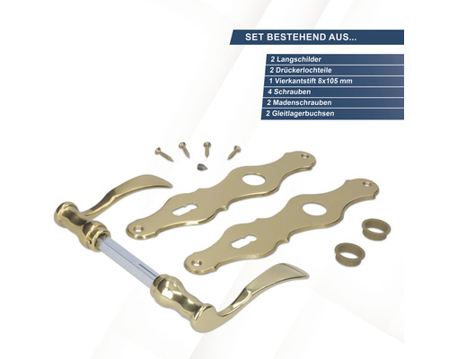 Türbeschlagset mit zwei Langschildern, zwei Drückerlochteilen, einem Vierkantstift, vier Schrauben, zwei Madenschrauben und zwei Gleitlagerbuchsen