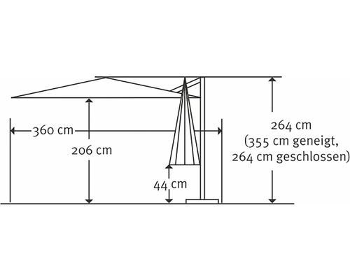 Schéma technique d''un parasol avec dimensions.