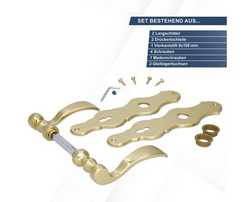 Türbeschlagset mit zwei Langschildern, zwei Drückerlochteilen, einem Vierkantstift, vier Schrauben, einer Madenschraube und zwei Gleitlagerbuchsen
