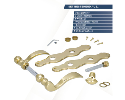 Türbeschlagset mit Langschildern, Drückerlochteilen, WC-Riegel, Vierkantstift, Schrauben, Madenschraube und Gleitlagerbuchsen