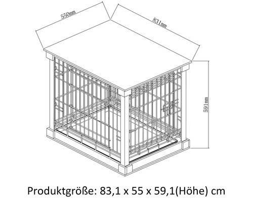Représentation dimensionnelle d''une cage pour chien mesurant 83,1 x 55 x 59,1 centimètres