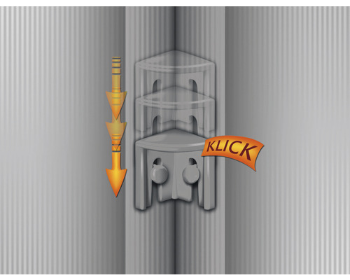 Illustration einer Eckverbindung mit Klickmechanismus und Richtungspfeilen