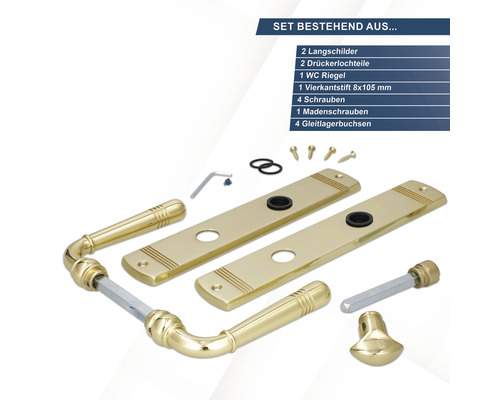Türbeschlag Set mit Langschildern, Drückerlochteilen, WC-Riegel, Vierkantstift, Schrauben, Madenschrauben und Gleitlagerbuchsen