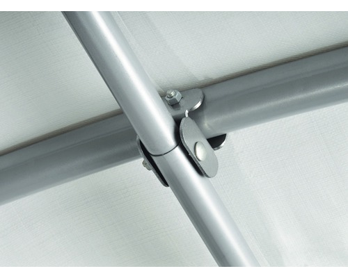 Detailaufnahme der Metallverbindung eines Partyzelts.