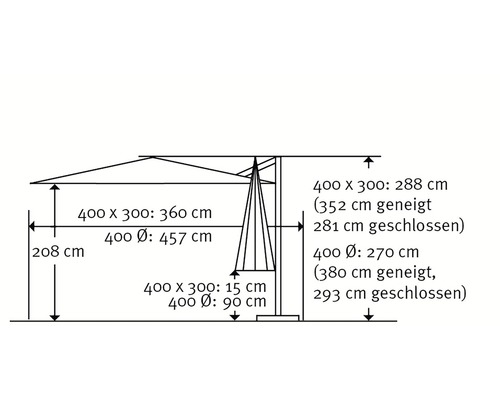 Dessin technique d''un parasol avec indications de dimensions.