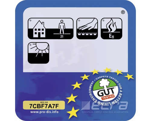 Symbole pour une utilisation intérieure, classe d''utilisation 21, convient au chauffage au sol, comportement au feu Efl et label GUT
