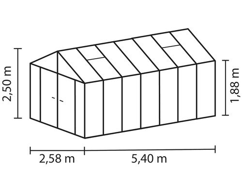 Image d''une serre mesurant 2,50 m de hauteur, 2,58 m de largeur et 5,40 m de longueur.