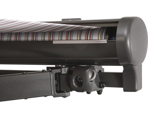 Store banne semi-coffre SOLUNA Comfort 4,5x3,5 tissu dessin D421 châssis DB703 gris foncé entraînement à droite avec manivelle