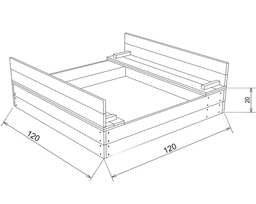 Illustration eines Hochbeets mit den Maßen 120 x 120 x 20 cm