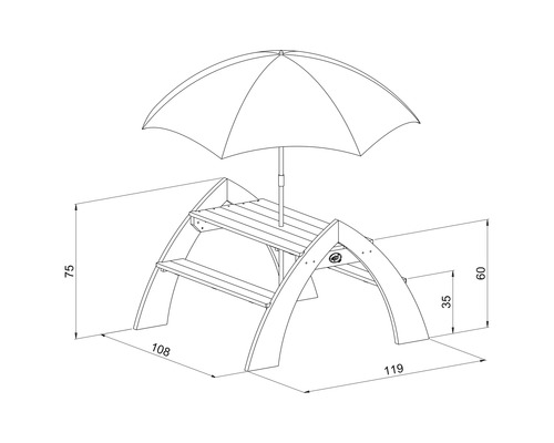 Dessin technique d''un ensemble de sièges pour enfants avec parasol et dimensions