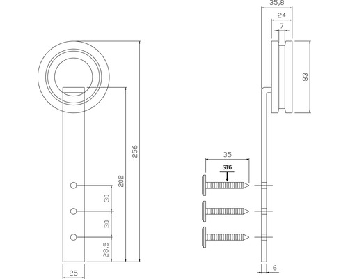 Schéma technique d''un heurtoir de porte avec dimensions et vis de fixation.