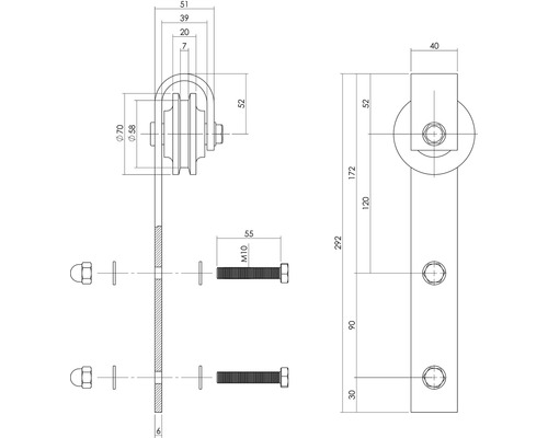 Dessin technique d''une ferrure de rouleau de porte avec indication des dimensions