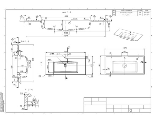 Technische Zeichnung eines Waschtisches mit Maßangaben