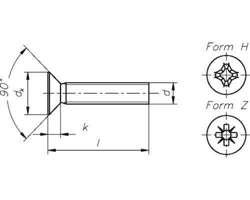 Technische Zeichnung einer Senkkopfschraube mit Form H und Form Z